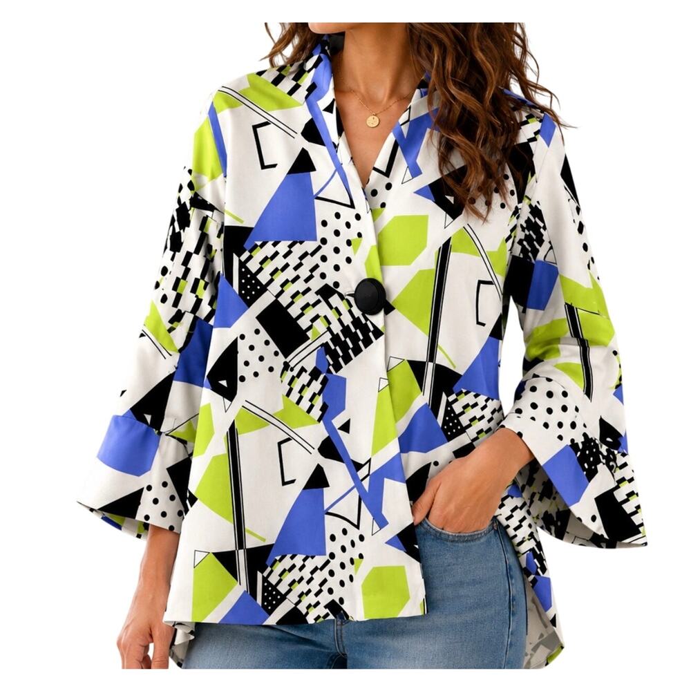 MiRELLE Sz Medium Wearable Art to Wear Unique Abstract Neon Yellow Shirt Top
